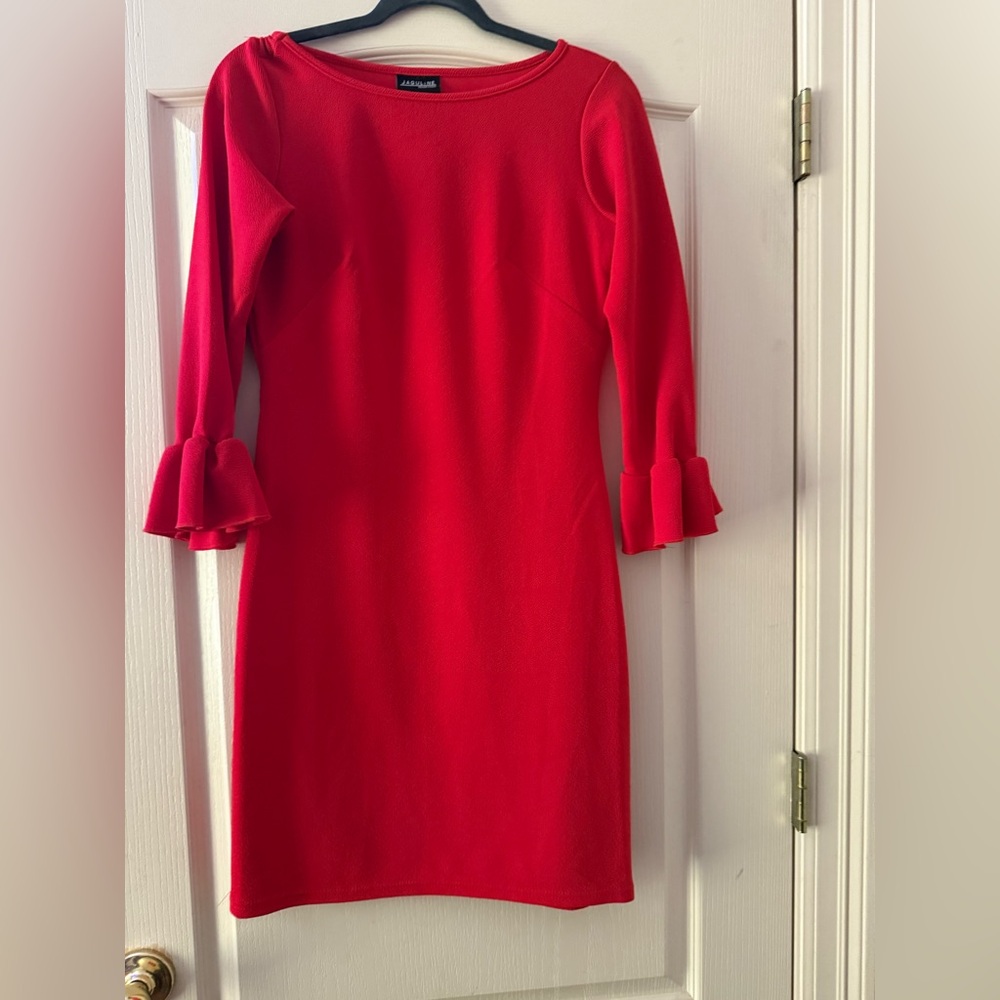 Jacqueline Design Studio Red Bell Sleeve Sheath Dress | Size Small | Knee-Length